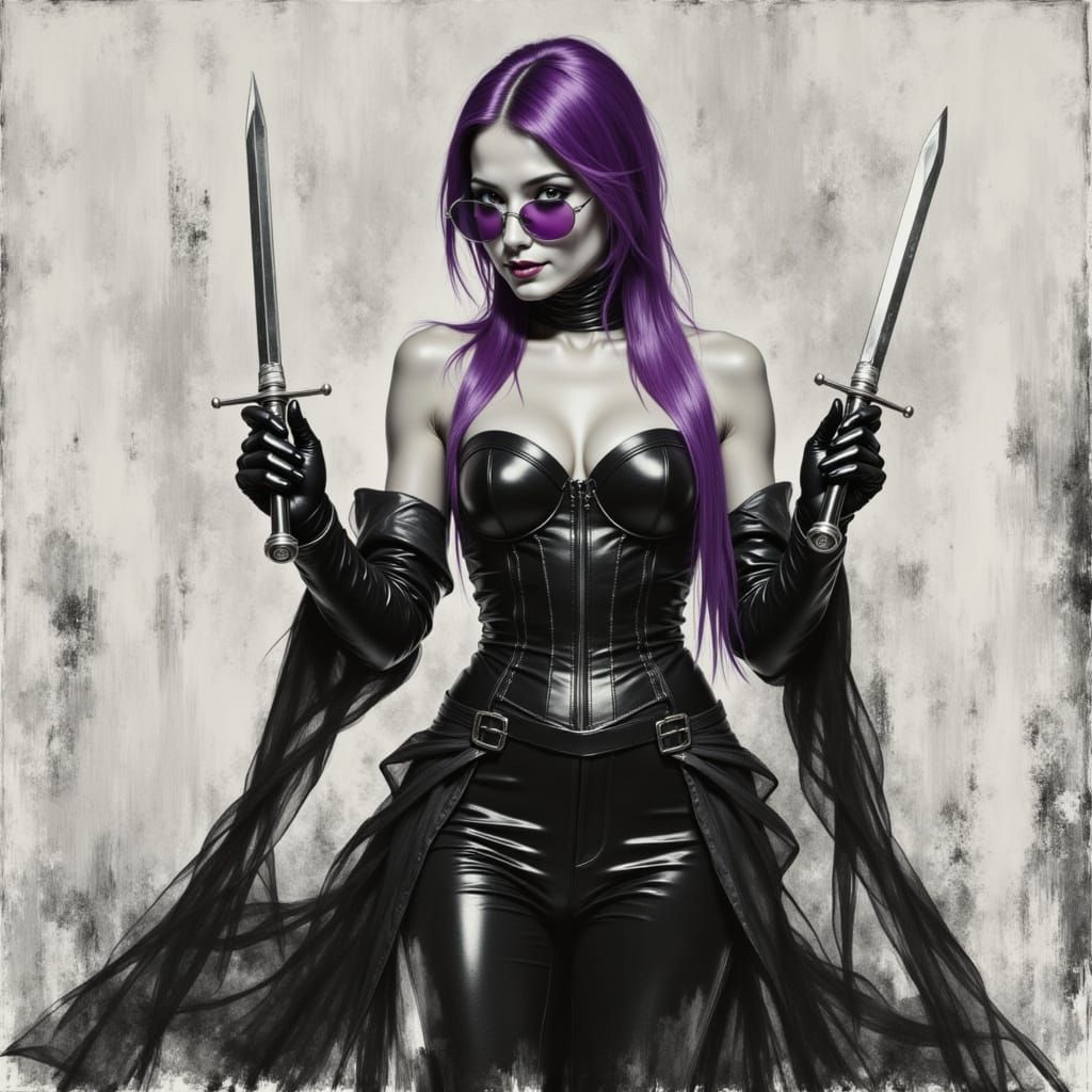 Glamorous Woman in Black Leather with Purple Accents and Bla...