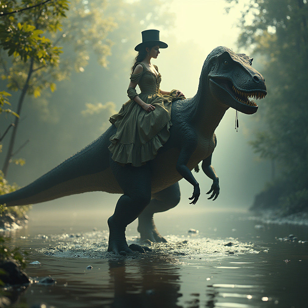 Victorian Lady Rides a T-Rex in Lush Landscape