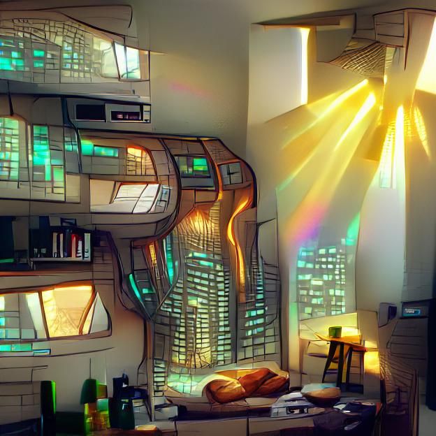 Detailed Cyberpunk Apartment Bathed in Sunlight
