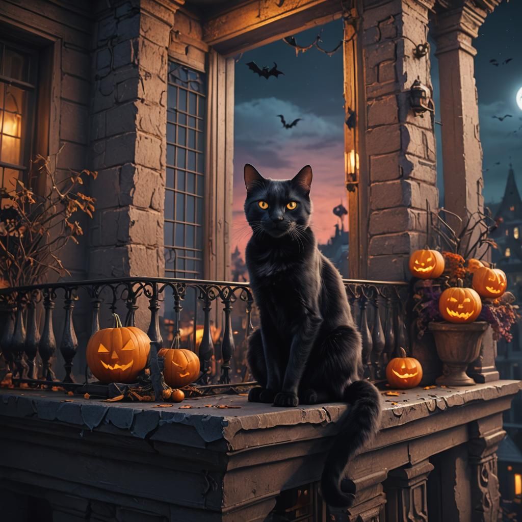 Halloween Cat on Balcony: Detailed Matte Painting