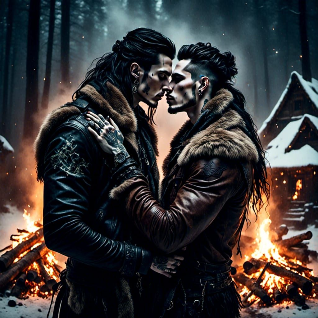 Passionate Kiss Between Viking Men by Bonfire