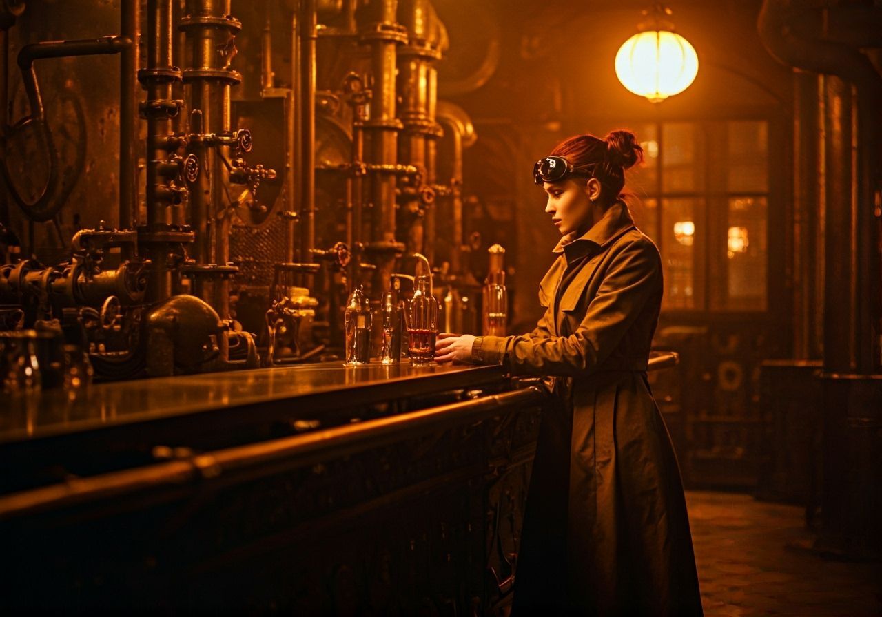 Cyberpunk Beauty in Steampunk Bar, Cinematic Film Still