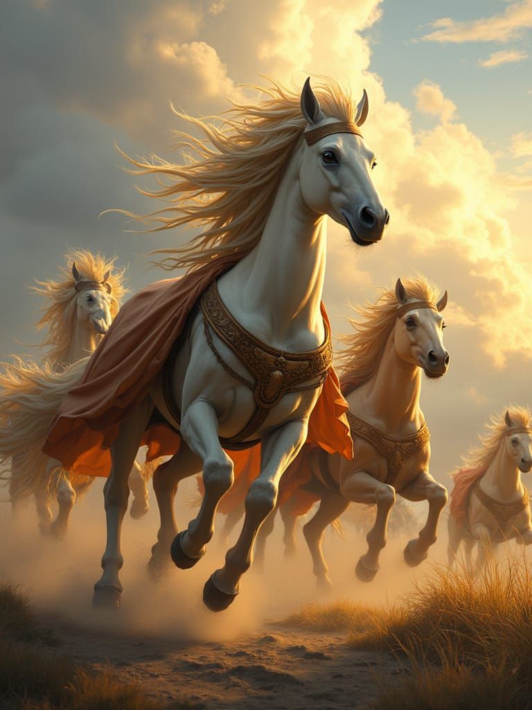 Joyful Centaur Herd Runs in Cloudy Landscape