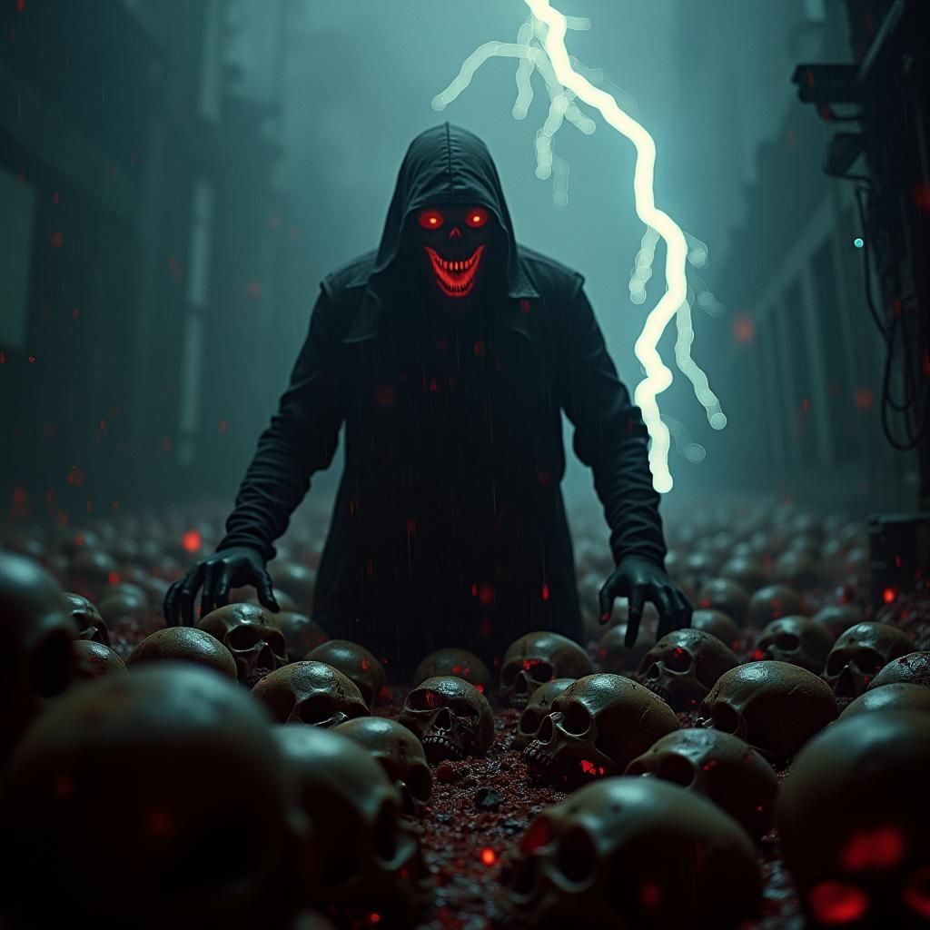 Demonic Figure in Bloody Rain with Skulls