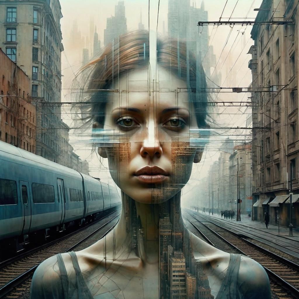 Surreal Double Exposure: Face, City, and Train