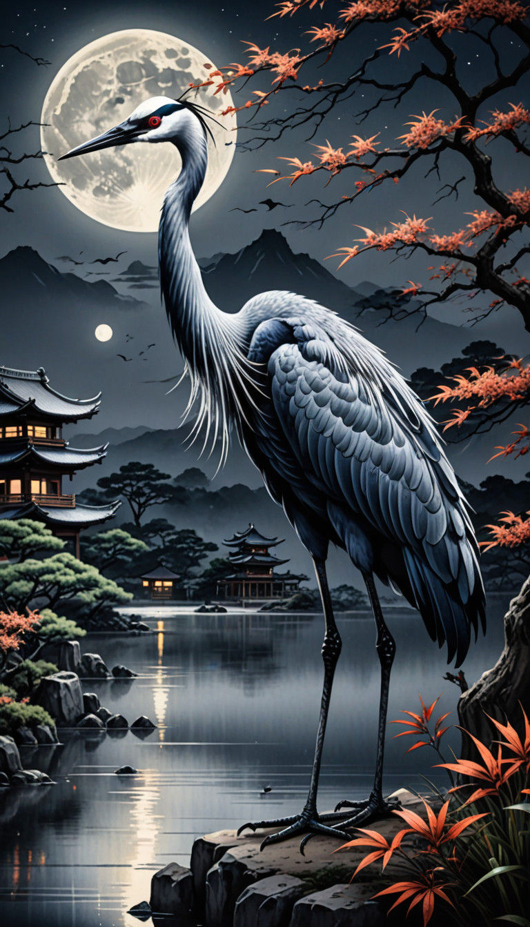 old Japanese watercolor style of a crane in the moonlight