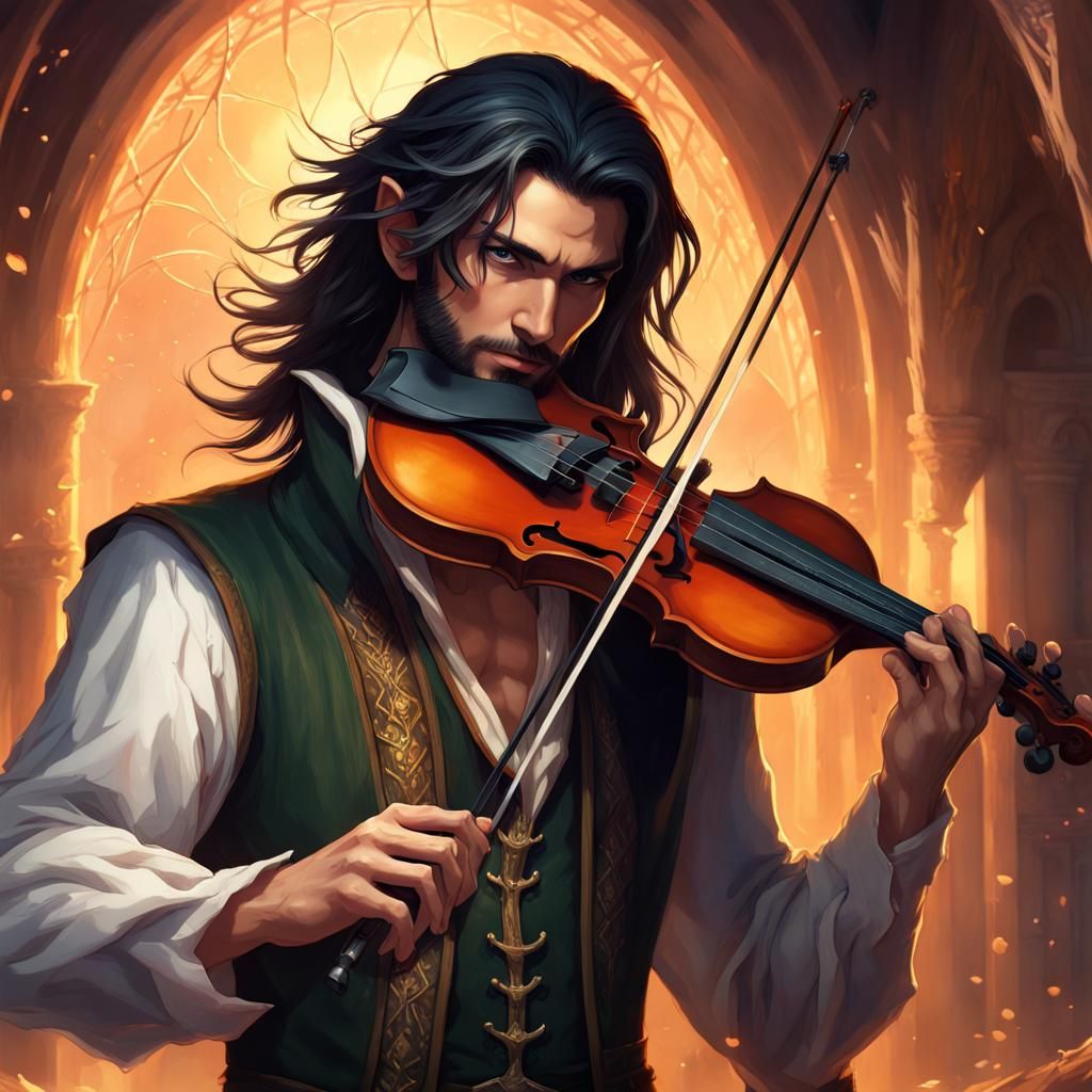 Handsome Half-Elf Bard with Spectral Muses in Animation Styl...