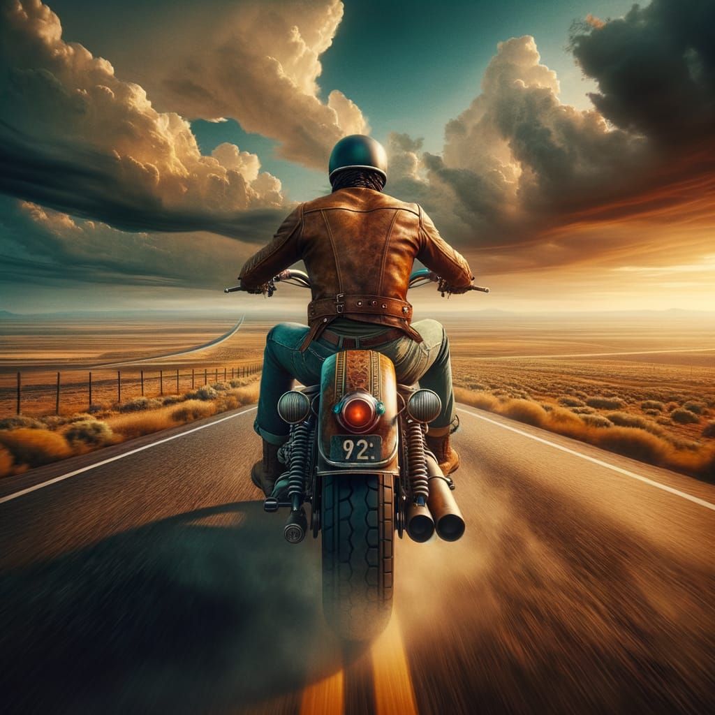 Vintage Motorcycle Rider on Desert Highway