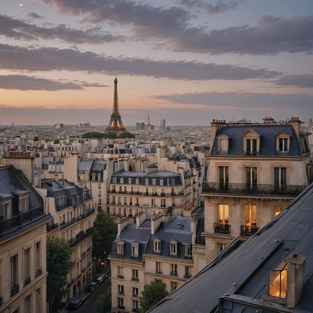 Romantic Paris Twilight Vista from Attic Window