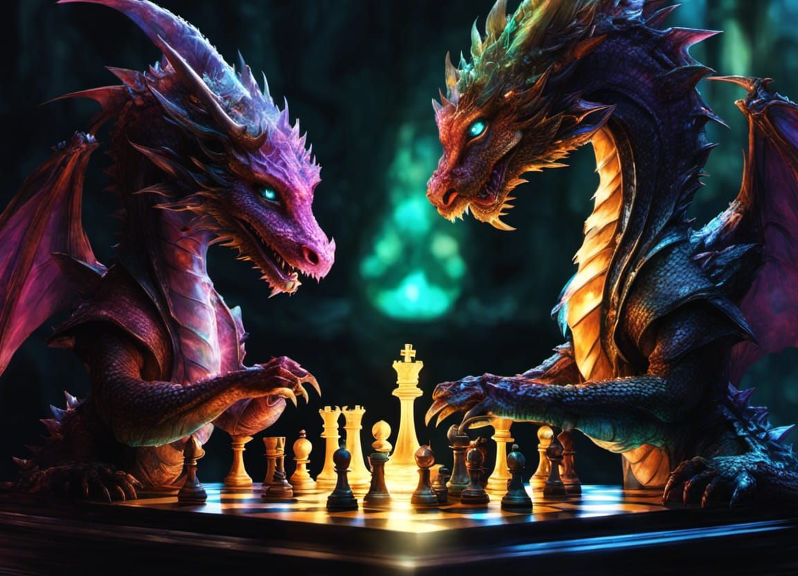 Chibi Dragon Plays Crystal Chess in Glitchcore Style