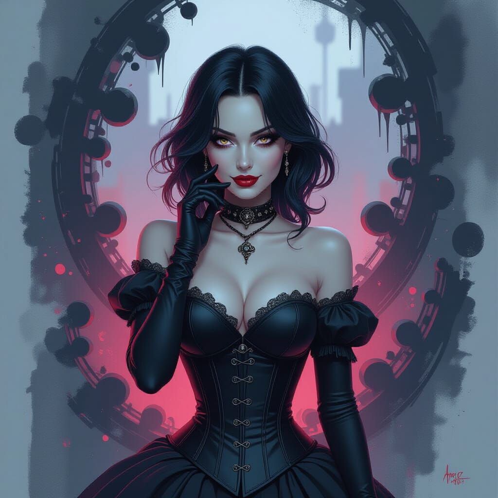 Goth Android with Sensual Curves in Pixelated Abstract Style