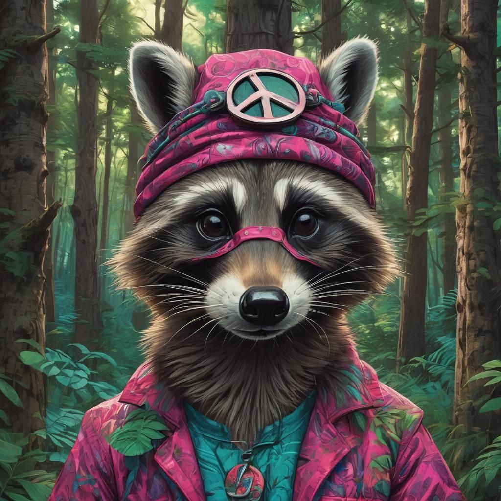 Hippie Raccoon Peace Sign in Comic Book Style