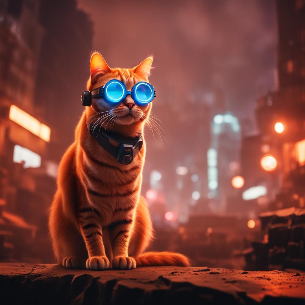 Robotic Cat in Neofuturistic Cityscape