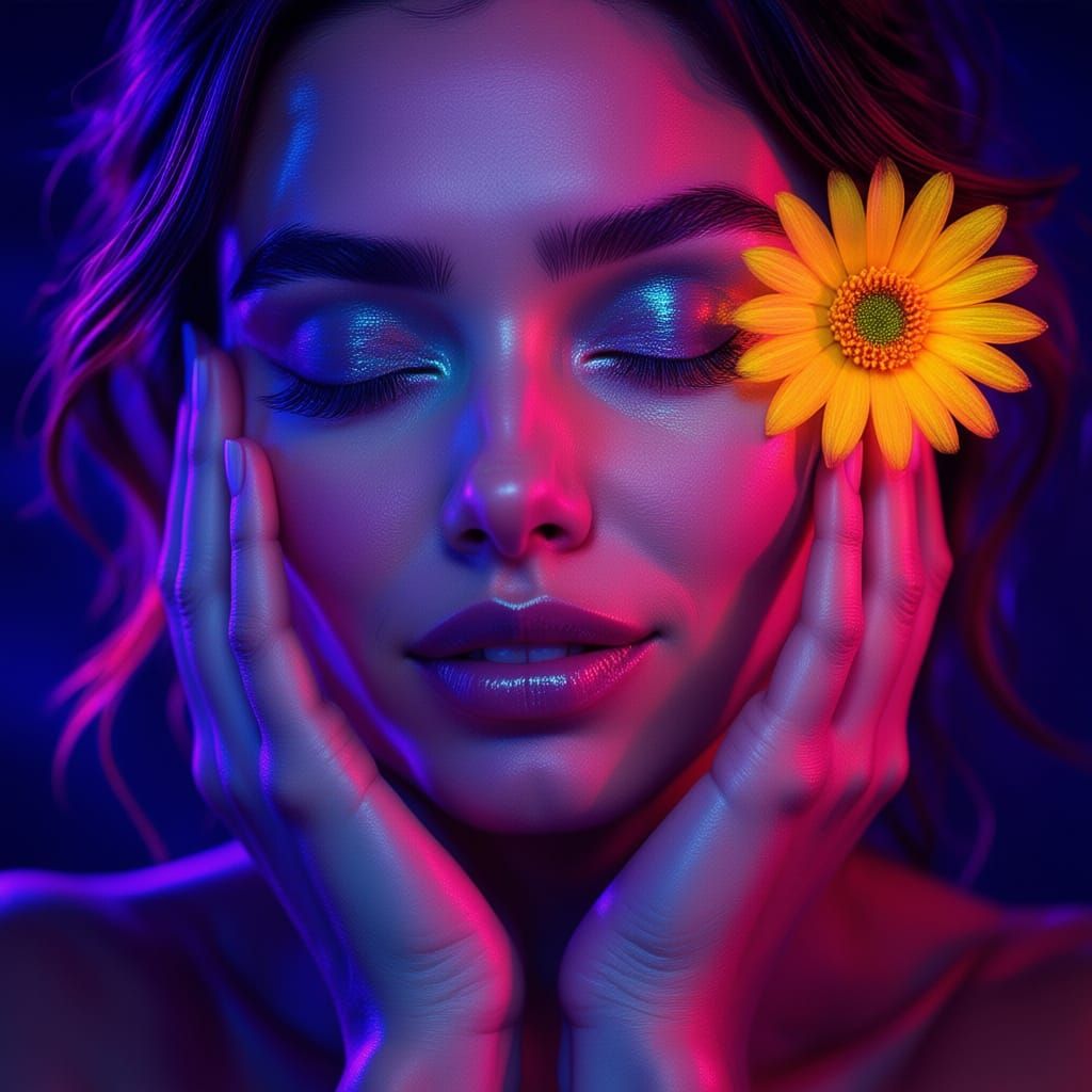 Serene Woman With Glowing Skin Touches Face Holding Flower