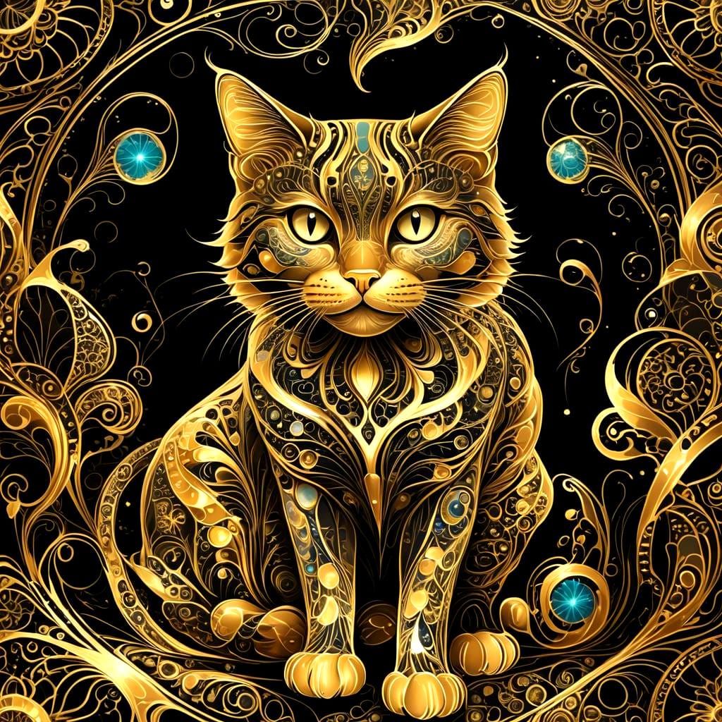 Bioluminescent Gold Cat in Art Nouveau Style