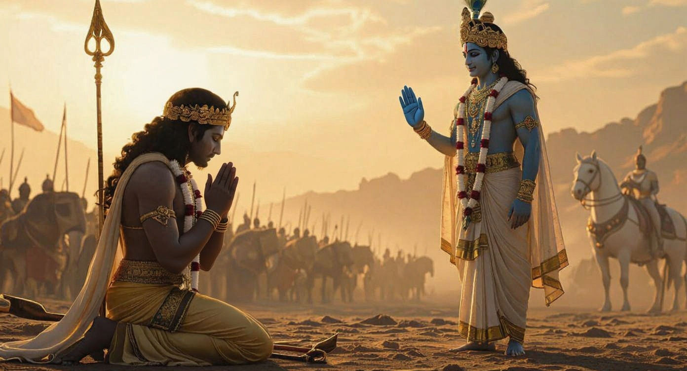 Arjuna and Krishna on Kurukshetra Battlefield in 3D