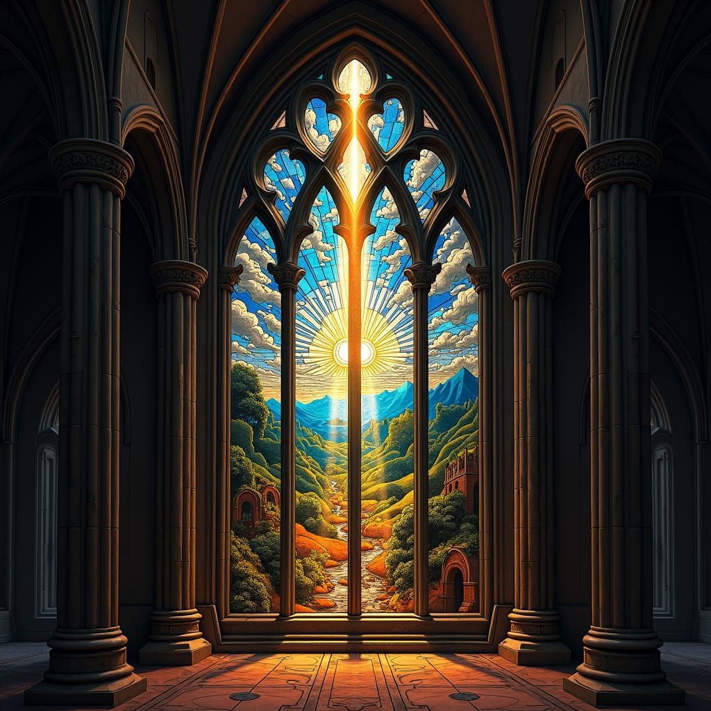 Cathedral Stained Glass: Divine Light Over Dark Landscape
