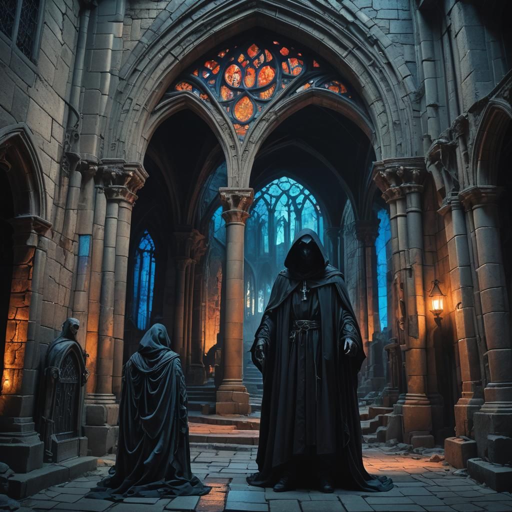 Gothic Surrealism: Cloaked Figure in Neon-Lit City