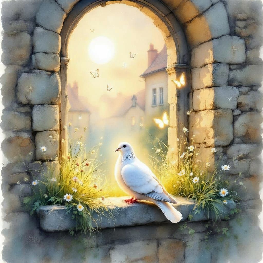 Spiritual Watercolor Dove on Stone Windowsill