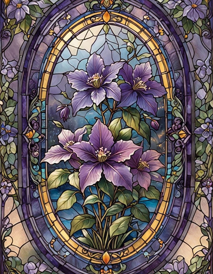 Ethereal Clematis: Stained Glass Fantasy in Purple