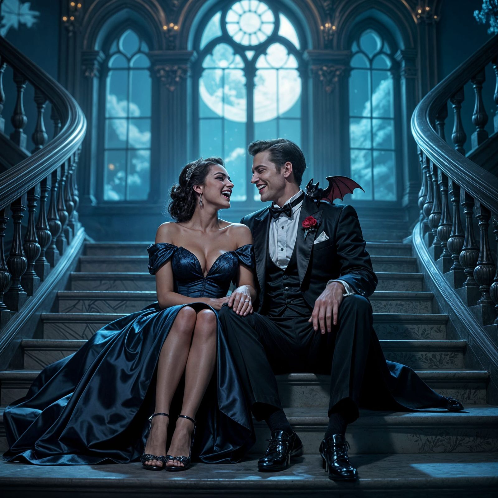 Vampire Couple's Joyful Rest on Grand Staircase