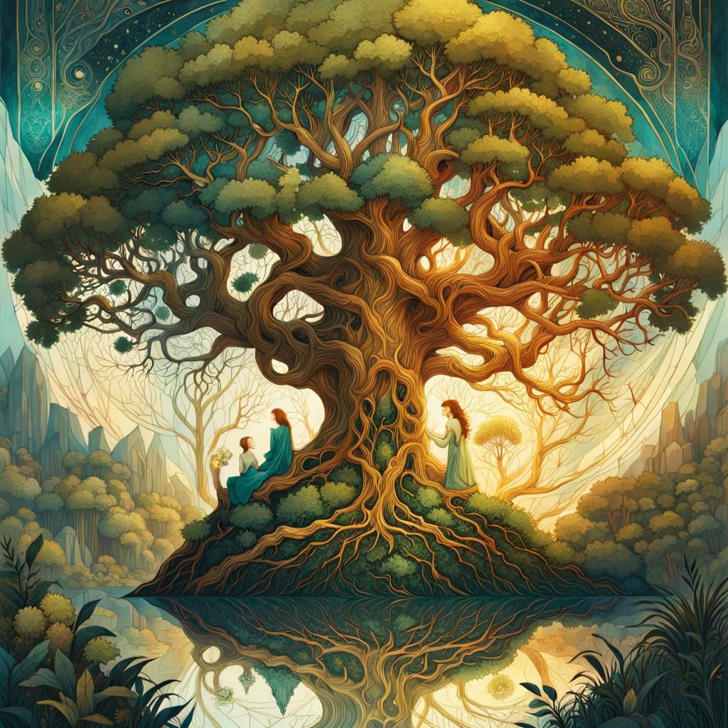 Golden Tree of Life: Digital Watercolor Art