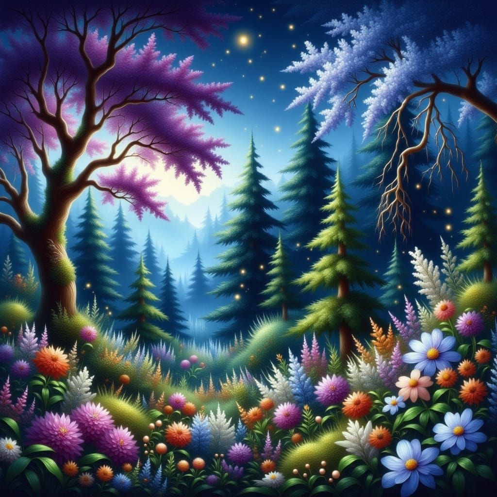 Enchanted Forest with Colorful Flowers, Kinkade Style