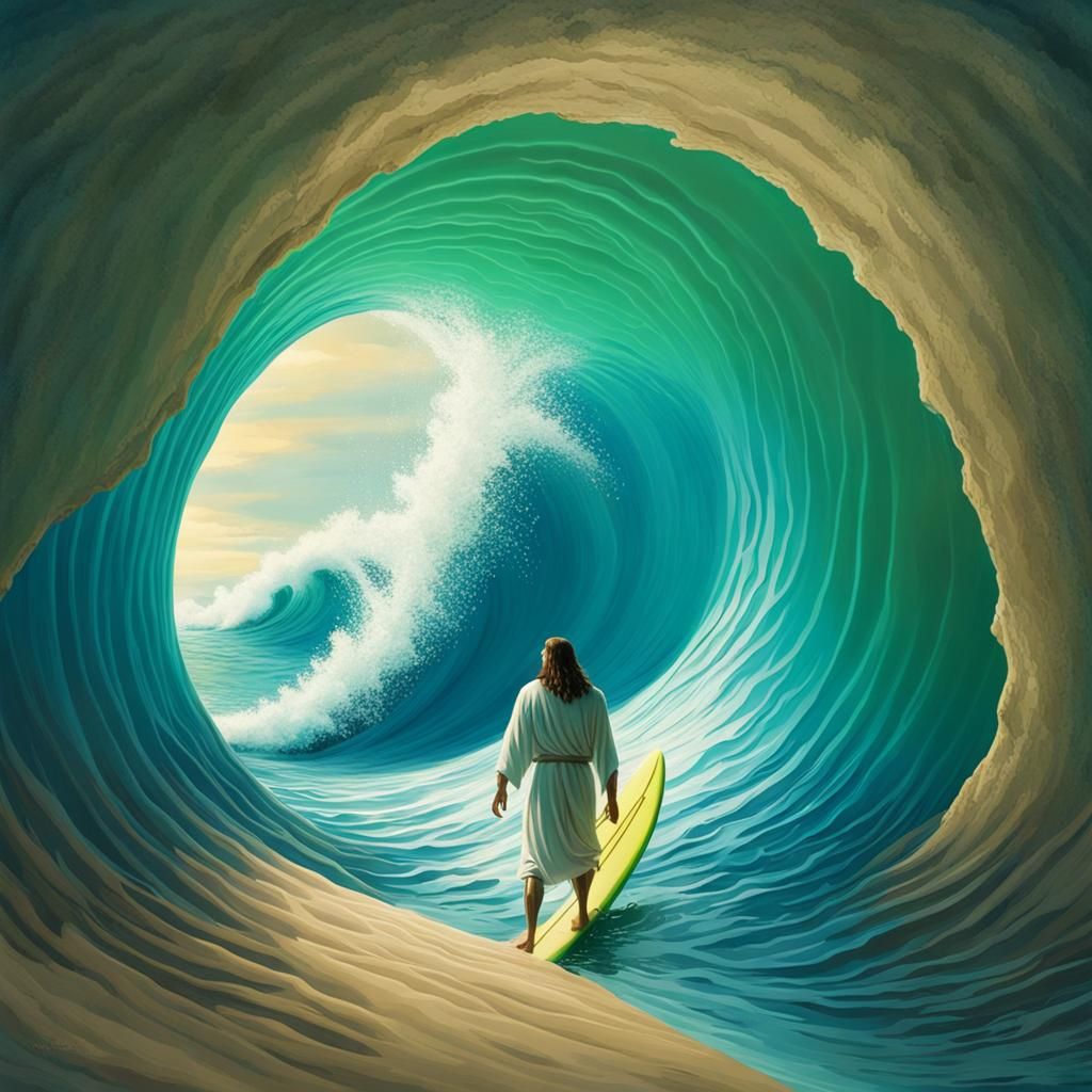 Jesus Surfing a Wave in a Sea Tunnel