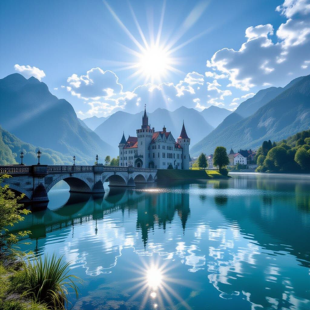 Castle Steps Above Silent Lake in Divine Light