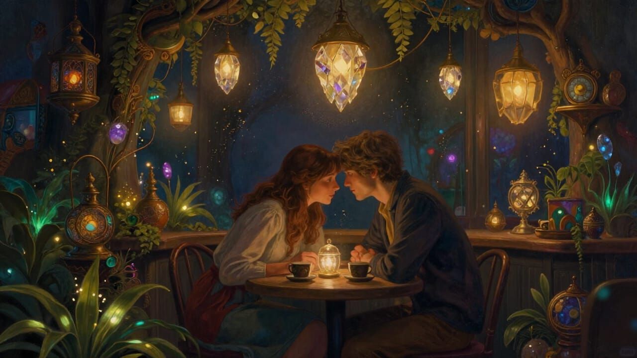 Couple's Intimate Moment in Enchanted Cafe