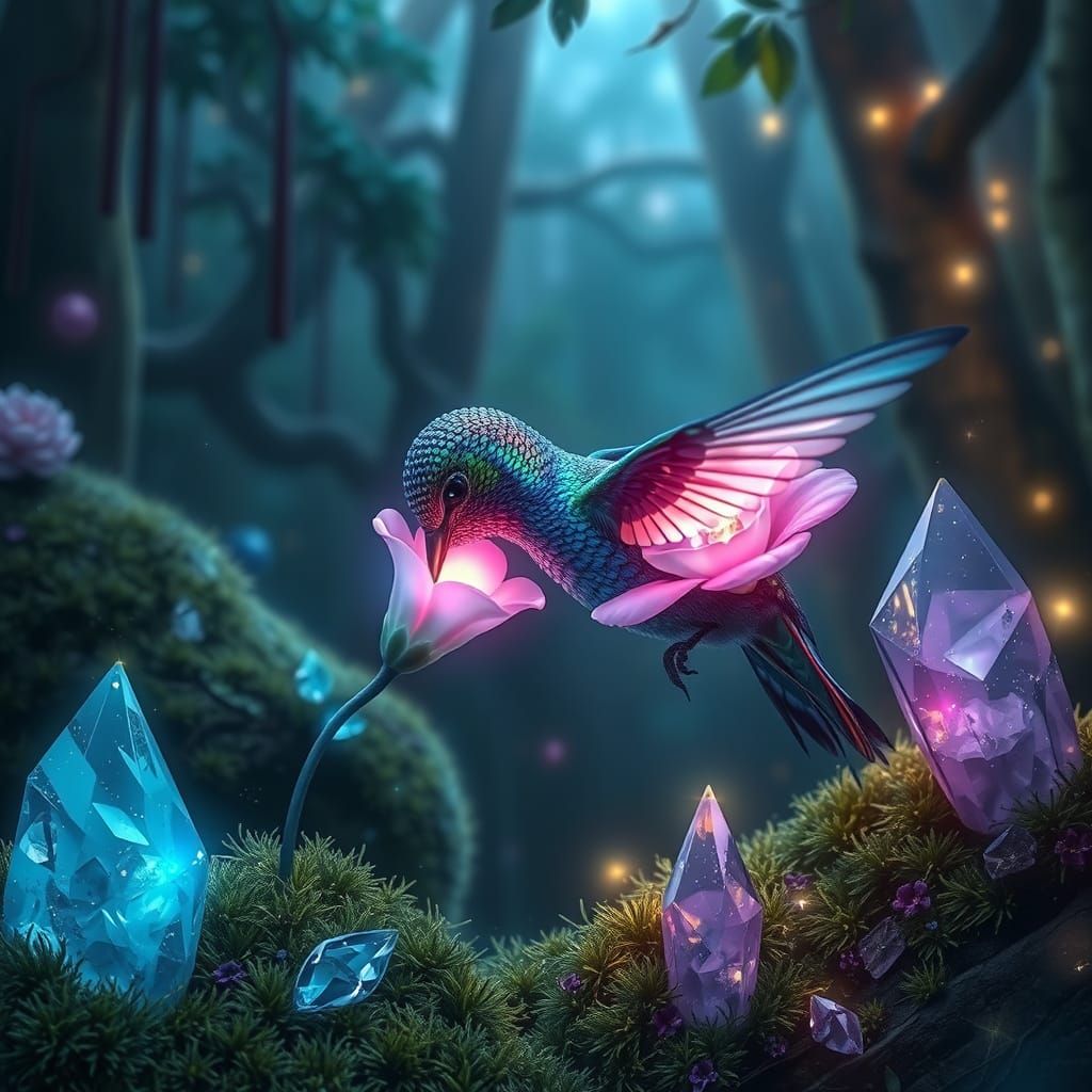 Bioluminescent Hummingbird Sipping Nectar in Enchanted Fores...