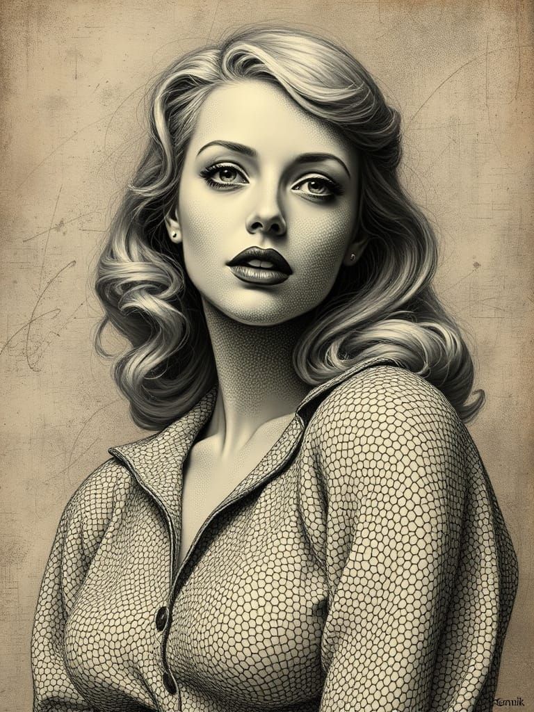 1950s Pin-Up Art in Scrimshaw Style