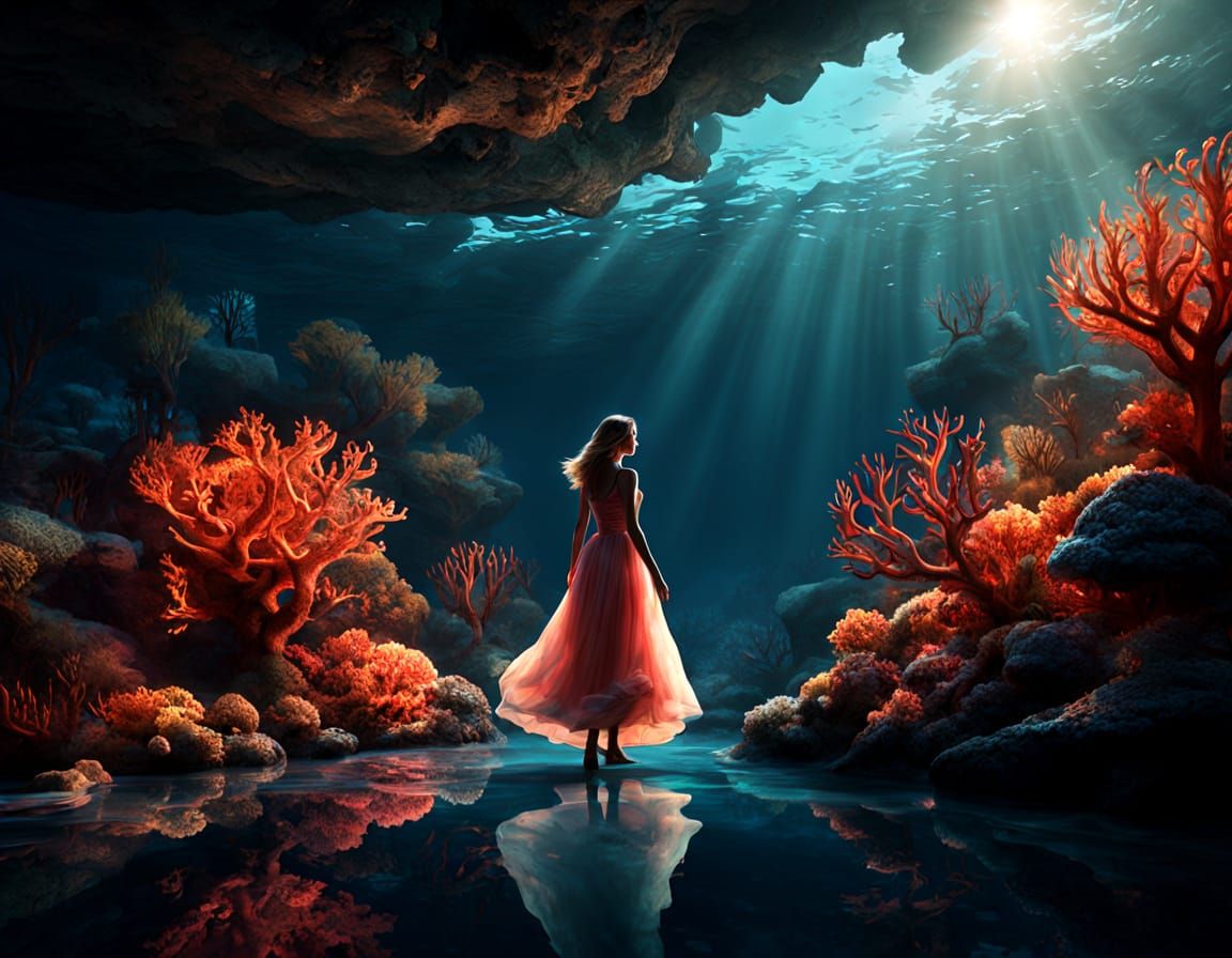 Woman Dancing in Sunlit Coral Reefs Digital Painting
