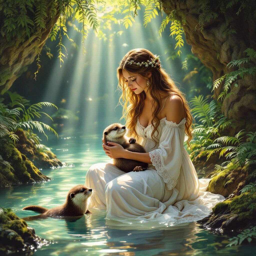 Woman and Otter in Sunlit Grotto, Pre-Raphaelite Style