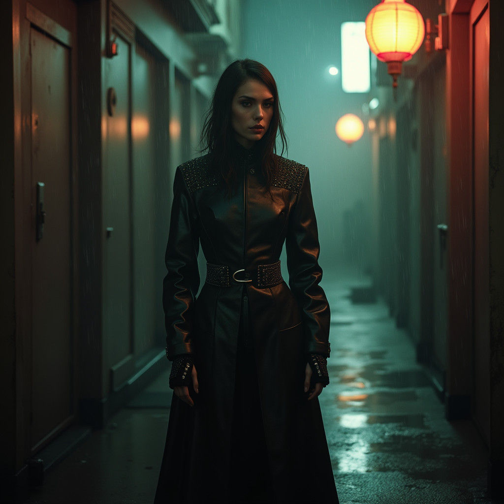 Neo-Noir Call Girl in a Rain-Soaked Alleyway