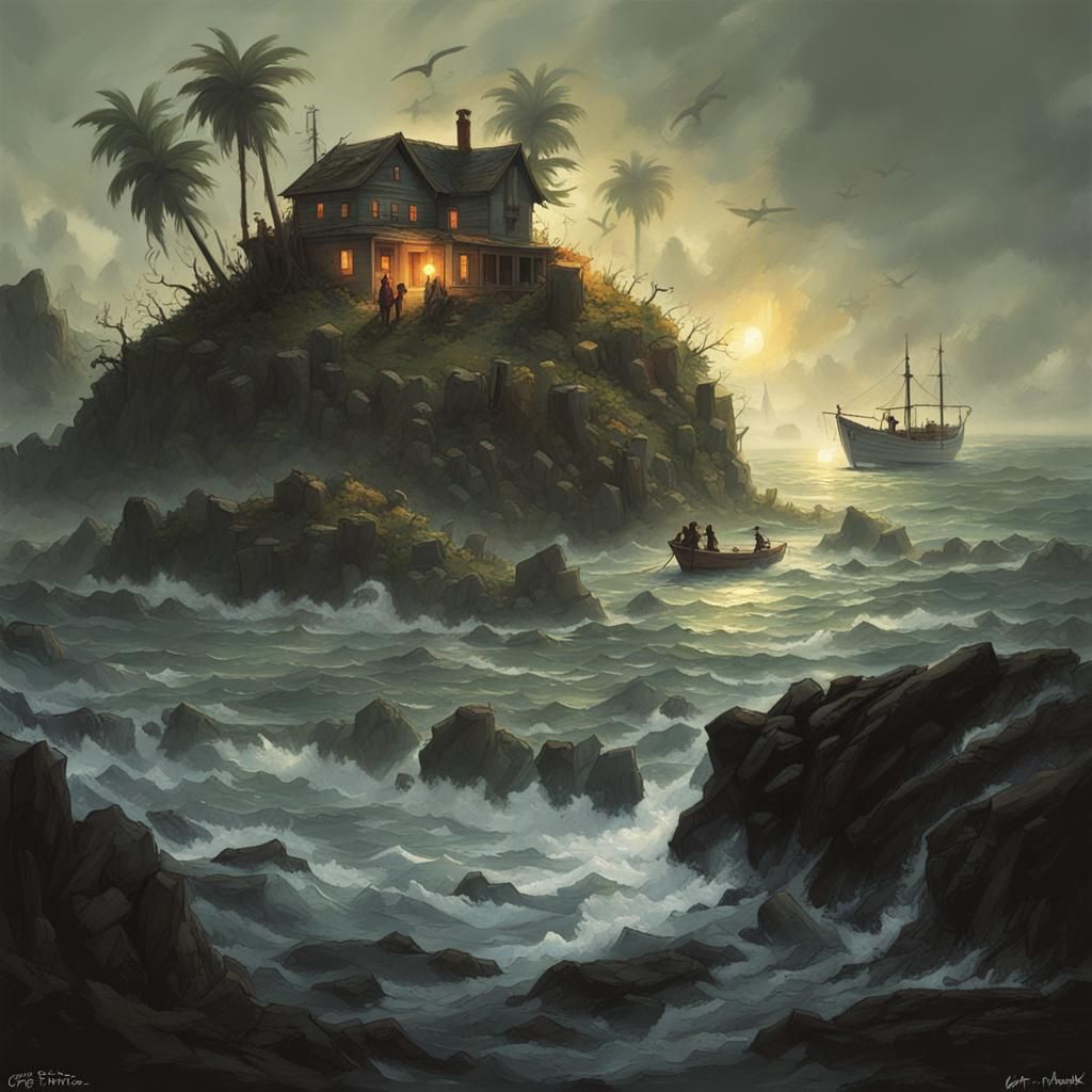 Sinister Mist-Shrouded Island in Dark Fantasy Style