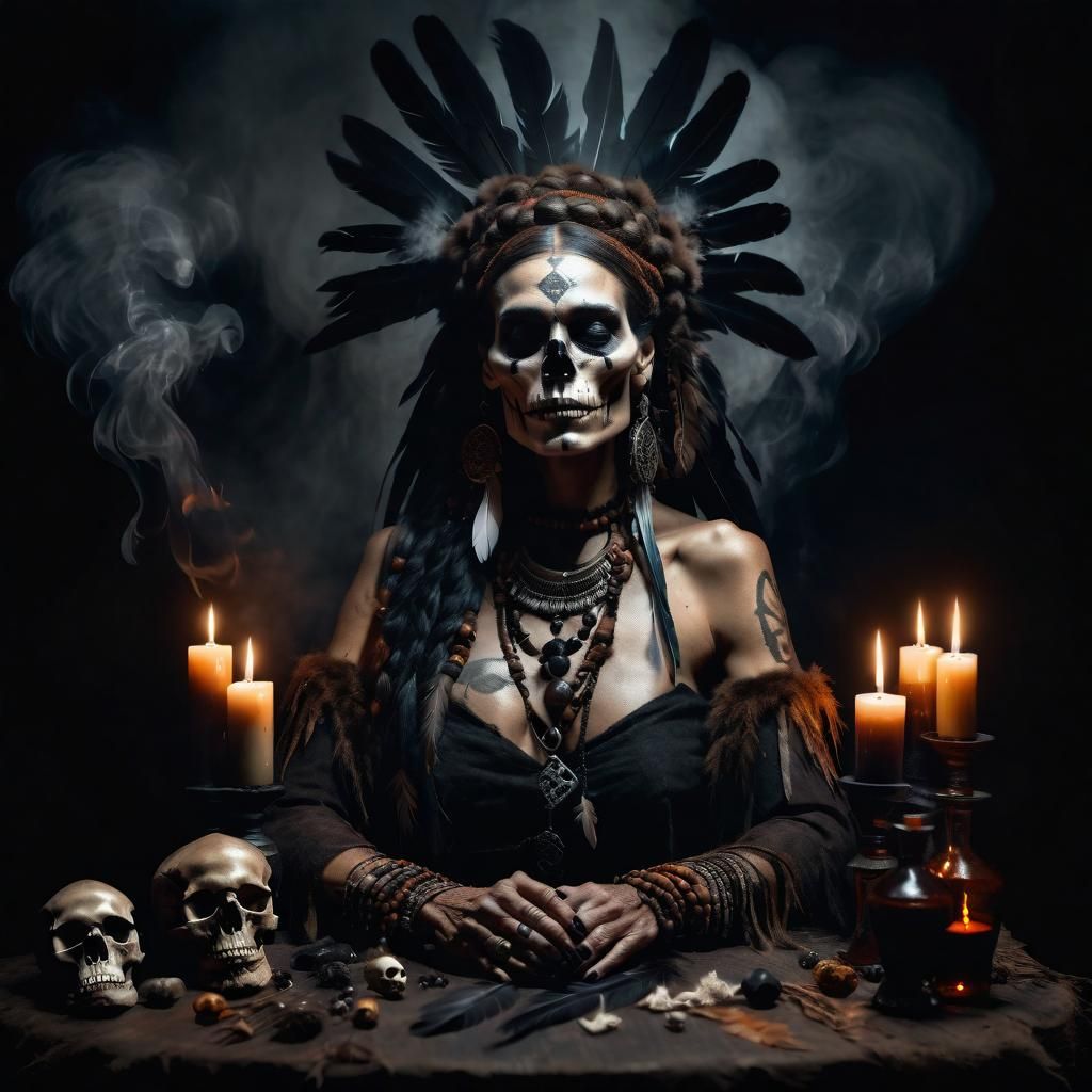 Tribal Shaman Witch with Potions and Skulls
