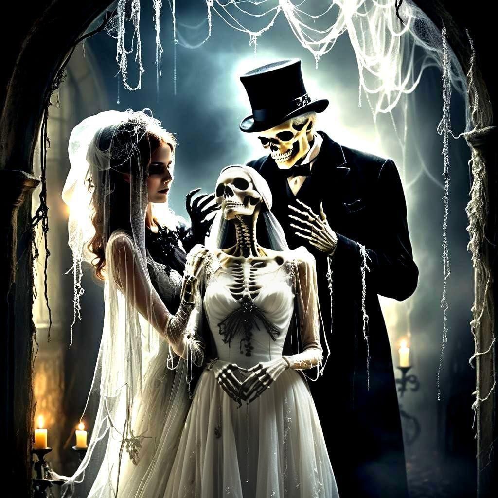 Ghostly Bride and Skeleton Groom in Cobwebs