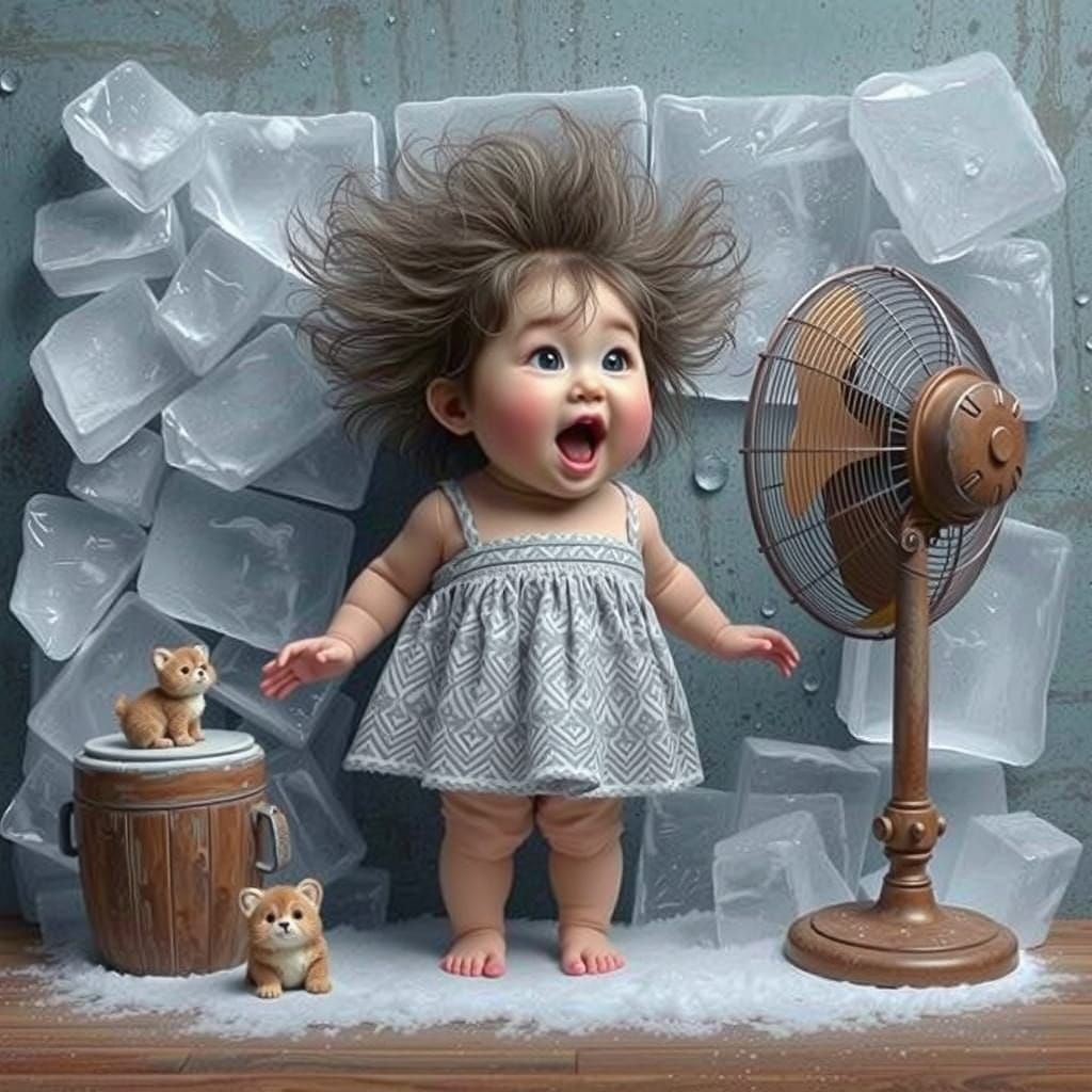 eskimo female chubby toddler in front of a wall of ice cubes.  A floor fan is blowing on her and causing her hair to fly...