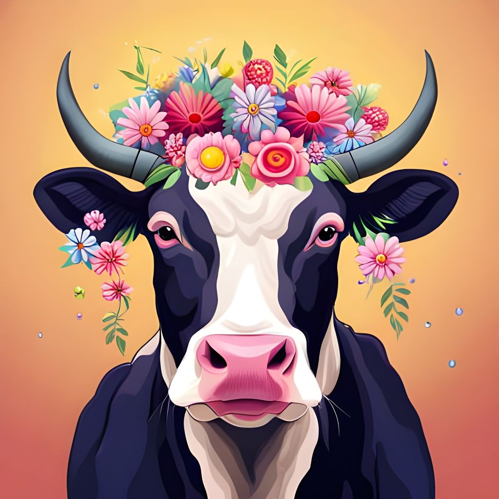 Cow Wearing Flower Crown Illustration