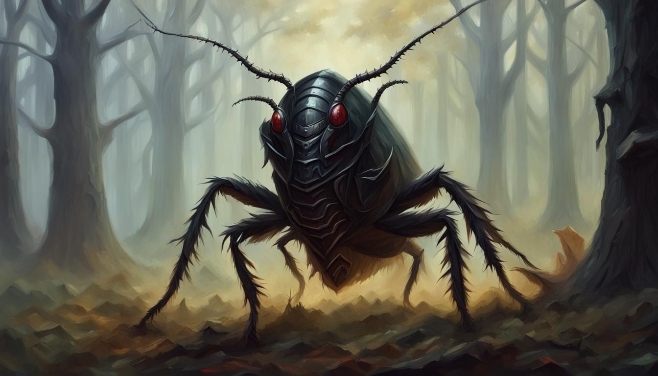 Ethereal Cockroach in Dark Armor Emerges from Forest Mist