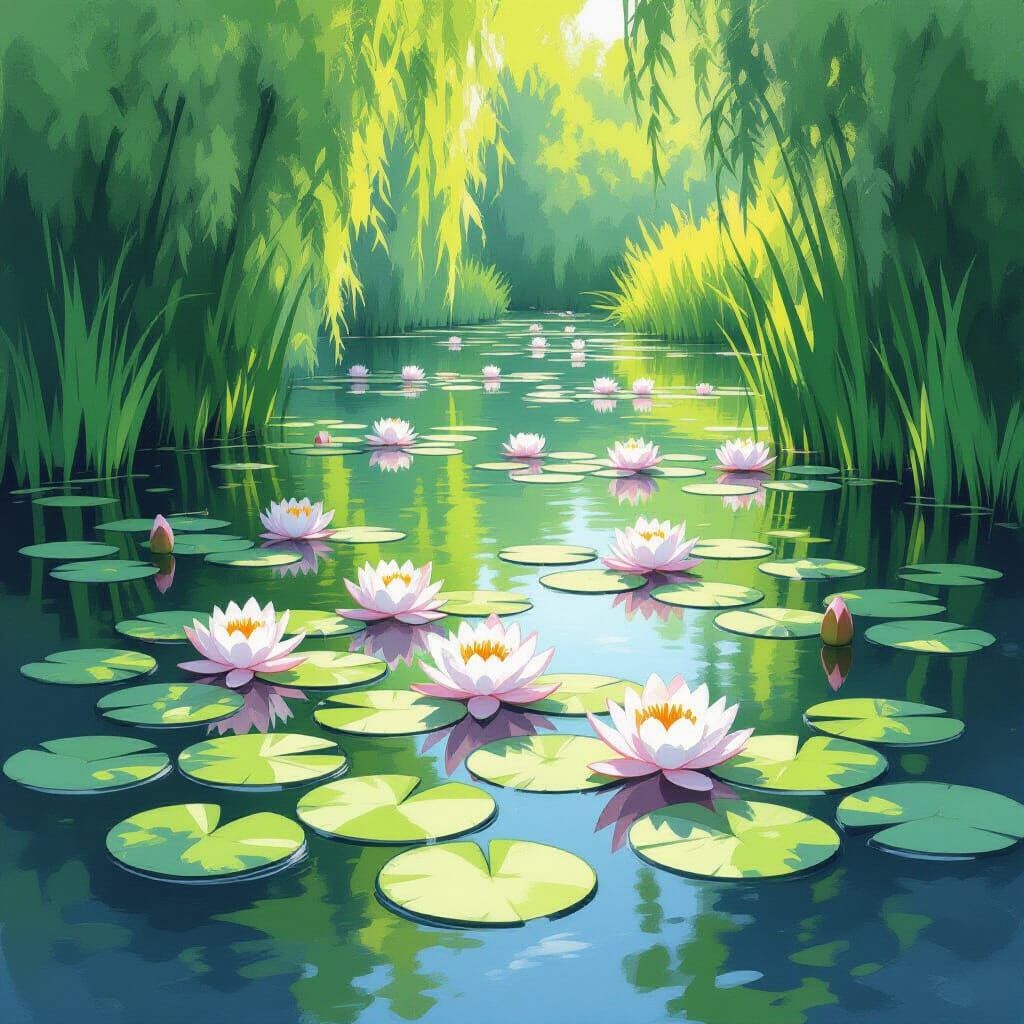 Impressionistic Lily Pads on a Pond in Monet's Style