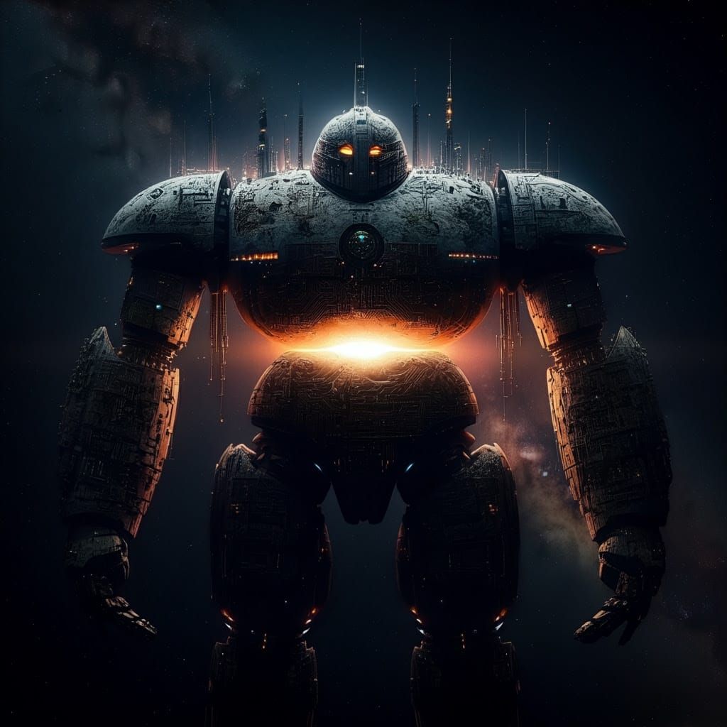 Cosmic Robot Warrior Unfolds in Starry Expanse