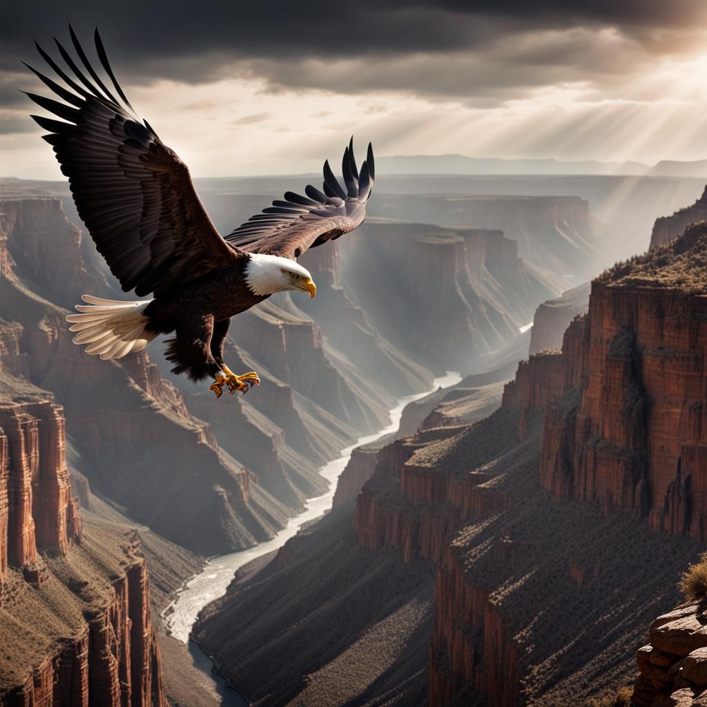 Eagle Soaring Over Canyon in Hyperrealistic Style