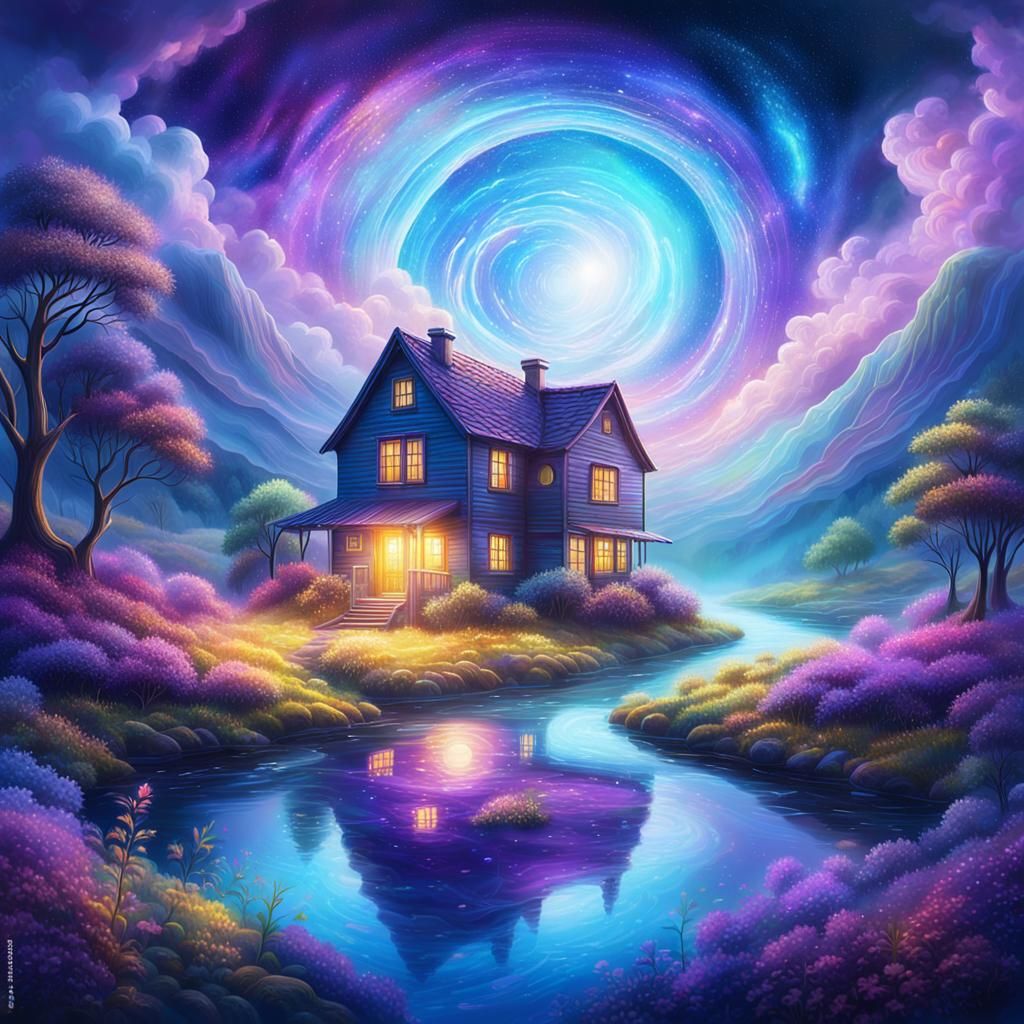 Cosmic House in River Valley: Mixed Media Illustration