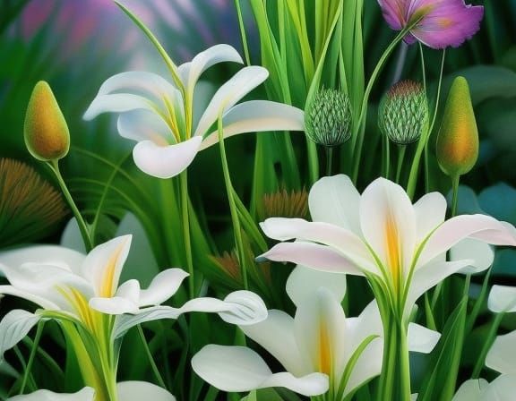 Lush Lily Flowers in Hyperrealistic Fantasy Garden