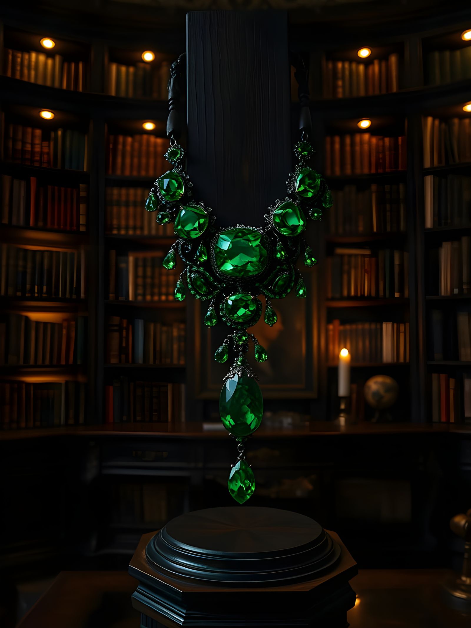 Glowing Emerald Necklace in Dark Study
