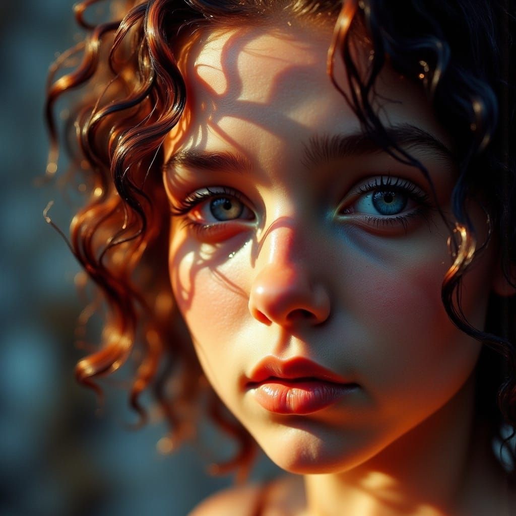 Hyperrealistic Girl with Blue Eyes in Sunlight