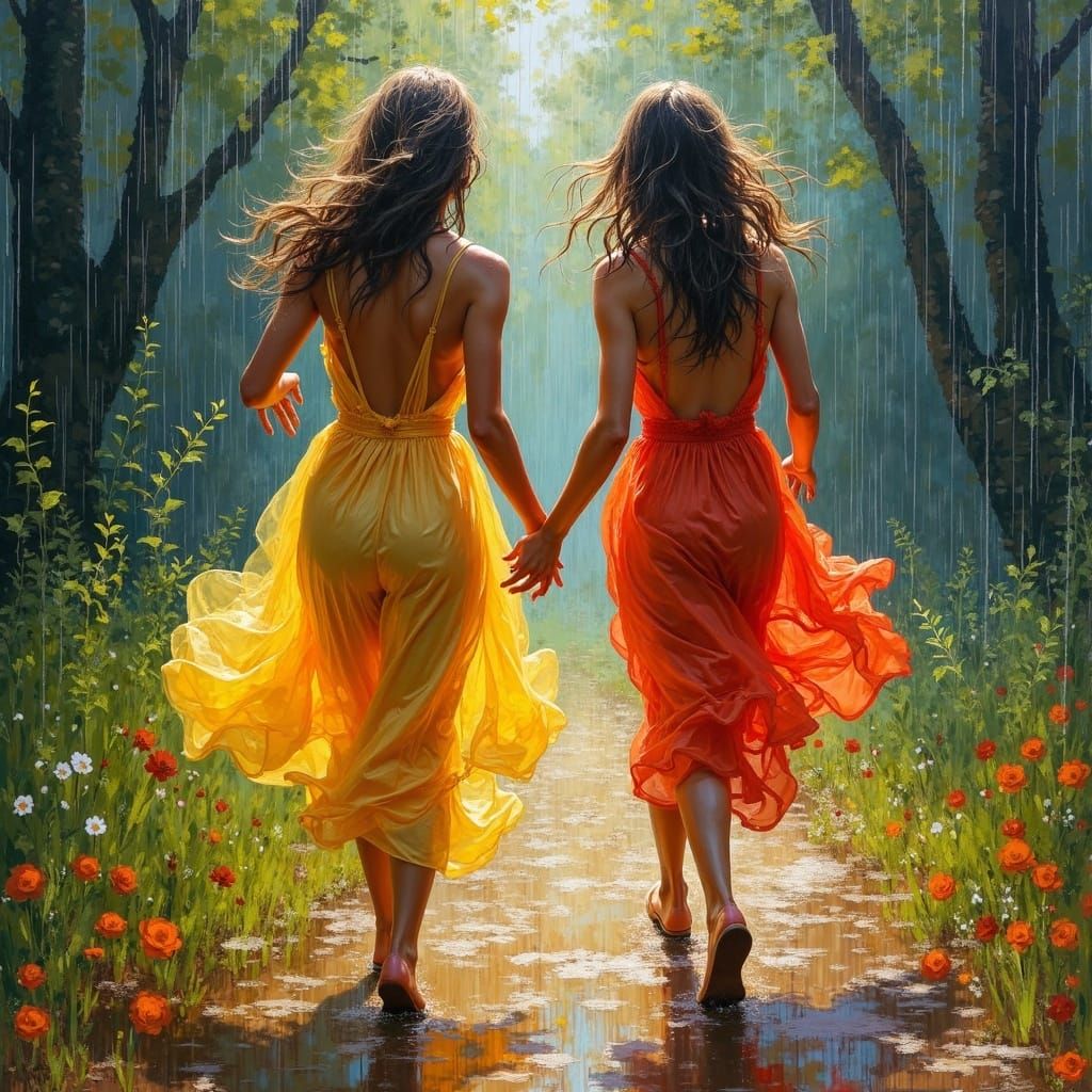 Women Run Through Summer Rain in Luminous Oil Painting