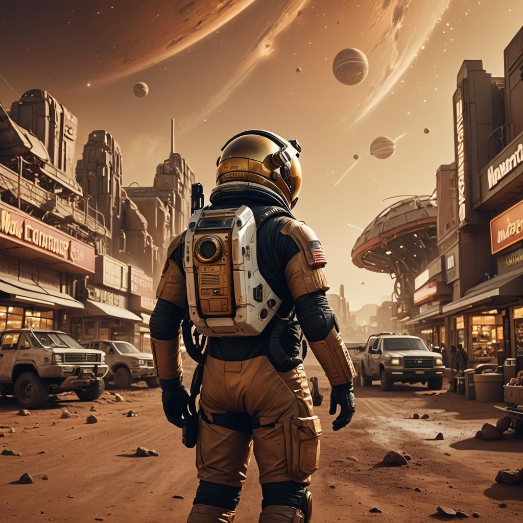 Martian Grocery Store with Astronaut, Cinematic Matte Painti...